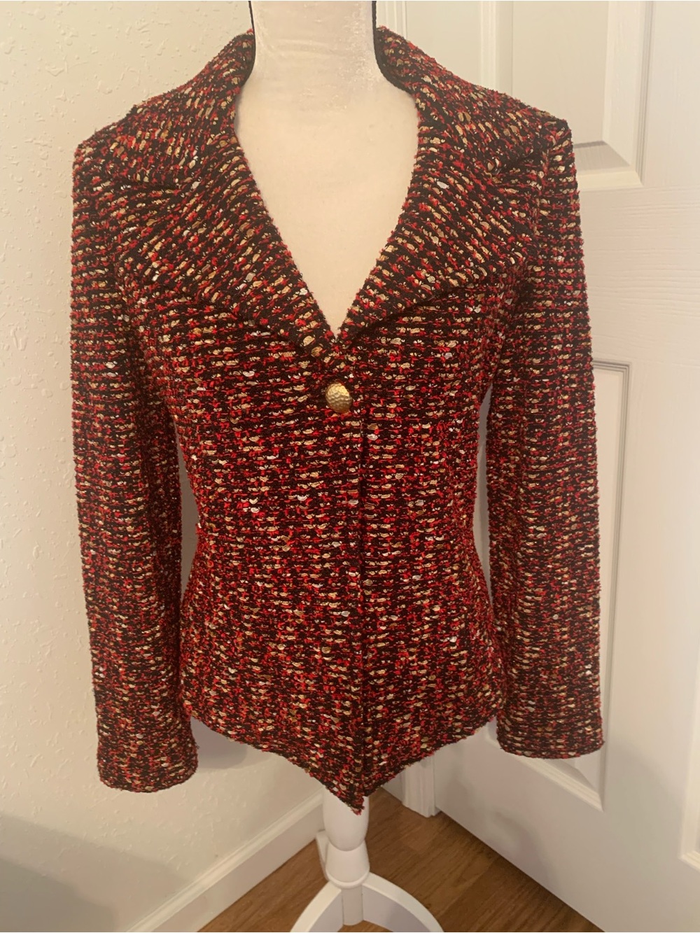 St John Women’s Red black knit Tweed Jacket blazer size 10 classic old money